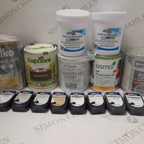 LOT OF APPROX 8 ASSORTED HOUSEHOLD ITEMS TO INCLUDE WILKO STATEMENT WALLS - GOLD BAR PAINT, CUPRINOL - SEASONED OAK PAINT, JOHNSTONE'S WOOD&METAL GLOSS - STEEL SMOKE, ETC