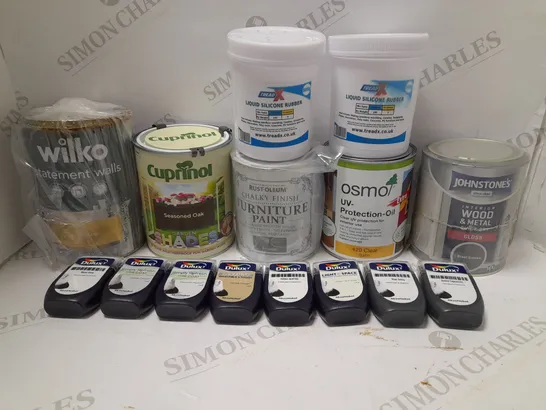 LOT OF APPROX 8 ASSORTED HOUSEHOLD ITEMS TO INCLUDE WILKO STATEMENT WALLS - GOLD BAR PAINT, CUPRINOL - SEASONED OAK PAINT, JOHNSTONE'S WOOD&METAL GLOSS - STEEL SMOKE, ETC