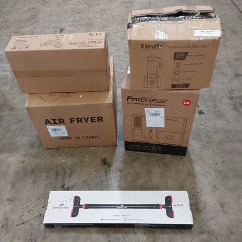 PALLET OF ASSORTED HOUSEHOLD ITEMS AND CONSUMER PRODUCTS. INCLUDING BLENDER, AIR FRYER, PULL UP BAR, COMPRESSOR DEHUMIDIFIER ETC