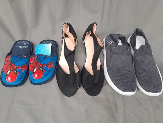 BOX OF APPROXIMATELY 15 ASSORTED PAIRS OF SHOES AND FOOTWEAR ITEMS IN VARIOUS STYLES AND SIZES TO INCLUDE SPIDER-MAN, ETC