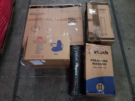 PALLET OF ASSORTED PRODUCTS INCLUDING BAR TABLE, AIR COOLER, PRESSURE WASHER, RAISED SEAT, FOAM MAT