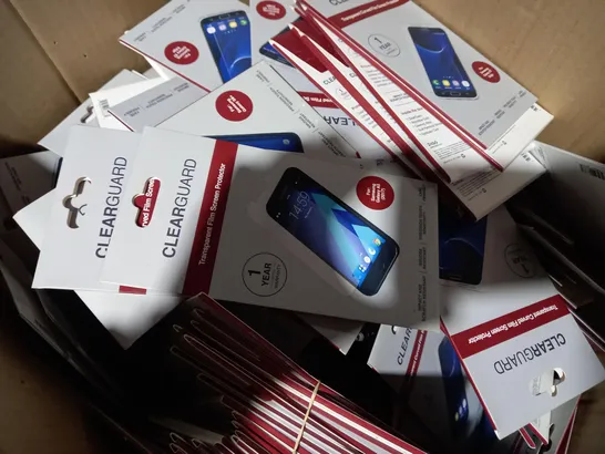 BOX OF APPROX 100 CLEAR GUARD SCREEN PROTECTORS TO INCLUDE - SAMSUNG GALAXY EDGE S7 - SAMSUNG GALAXY A5 - SAMSUNG GALAXY S8+ 