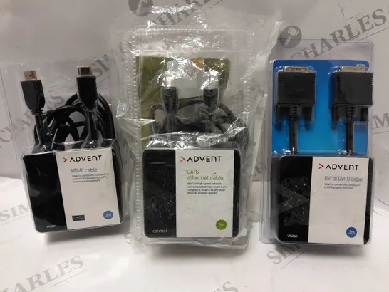 APPROXIMATELY 5 BOXED ADVENT PRODUCTS TO INCLUDE HDMI CABLE, DVI TO DVI-D CABLE, CAT6 ETHERNET CABLE, ETC