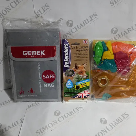 APPROXIMATELY 20 ASSORTED ITEMS TO INCLUDE FIREPROOF DOCUMENT BAG, FOX AND WILDLIFE REPELLENT, BIRTHDAY PARTY DECORATION ETC.