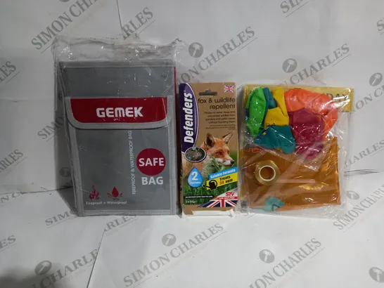 APPROXIMATELY 20 ASSORTED ITEMS TO INCLUDE FIREPROOF DOCUMENT BAG, FOX AND WILDLIFE REPELLENT, BIRTHDAY PARTY DECORATION ETC.