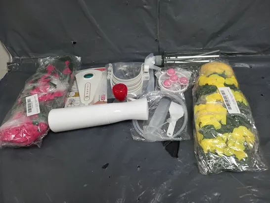 BOX OF ASSORTED HOUSEHOLD ITEMS TO INCLUDE SPRAY BOTTLES, ARTIFICIAL FLOWERS AND JAR OPENER