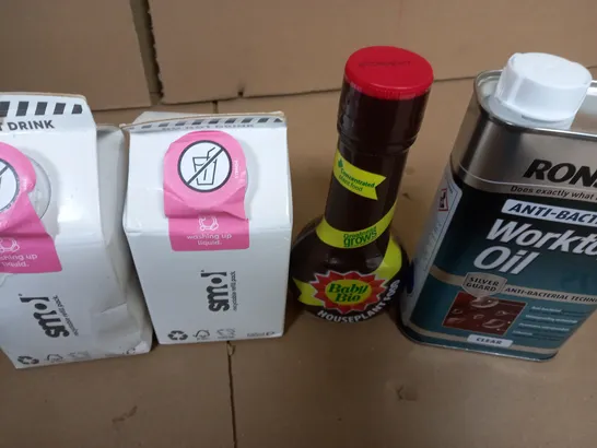 BOX OF ASSORTED ITEMS TO INCLUDE WASHING UP SOAP - HOUSEPLANT FOOD - WORKTOP OIL / COLLECTION ONLY 