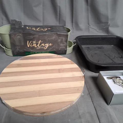 BOX OF ASSORTED HOUSEHOLD ITEMS TOO INCLUDE WOODEN PLATES , OVEN ACCESSORIES , WATCHES , ETC 