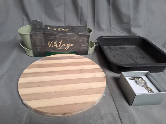 BOX OF ASSORTED HOUSEHOLD ITEMS TOO INCLUDE WOODEN PLATES , OVEN ACCESSORIES , WATCHES , ETC 