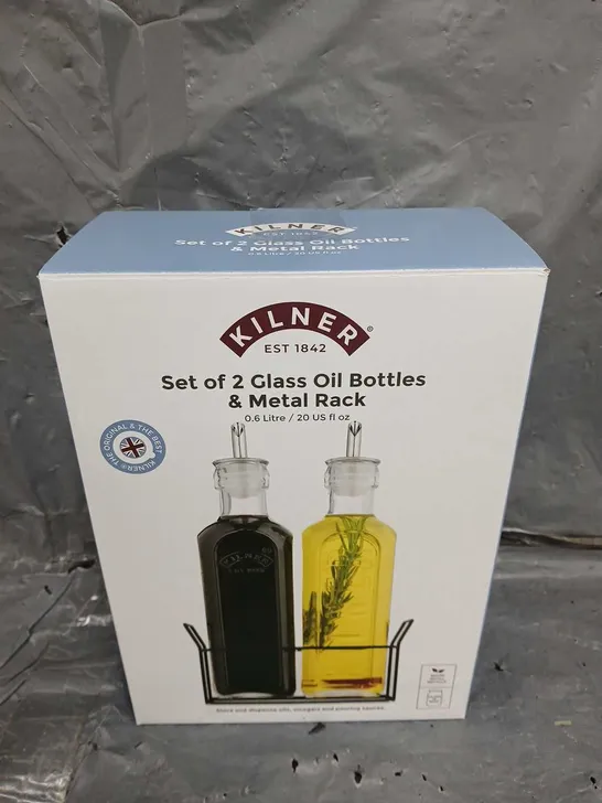 BOXED SET OF 2 GLASS OIL BOTTLES & METAL RACK