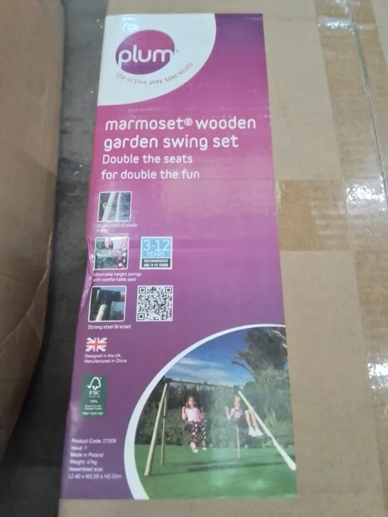 LOT OF 3 BOXES OF PLUM GARDEN ACTIVITIES INCLUDES MARMOSET WOODEN GARDEN SWING SET