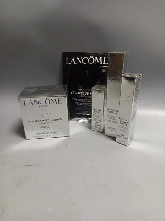 BOX OF 5 LANCOME COSMETIC ITEMS TO INCLUDE - BLANC EXPERT CUSHION REFILLS - VELVET MATTE IN BERRY NOIR - FULL BODY VOLUME MASCARA ETC