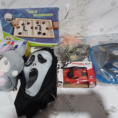MEDIUM BOX OF ASSORTED TOYS TO INCUDE TEDDIES, SONIC COSTUME AND GHOSTFACE MASK