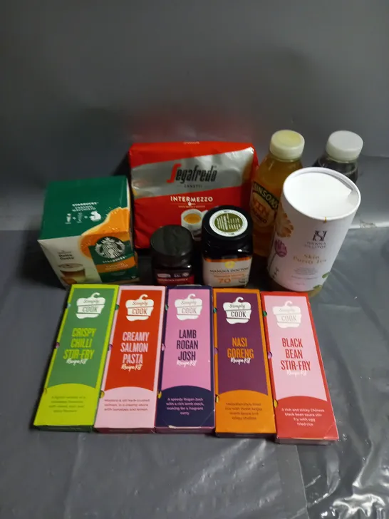 APPROXIMATELY 12 ASSORTED FOOD/DRINK PRODUCTS TO INCLUDE - HANNA SILLITOE SKIN PURITY TEA - MANUKA DOCTOR HONEY - SIMPLY COOK RECIPIE KITS - ETC