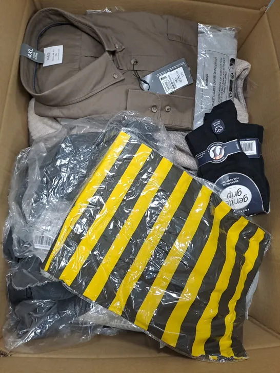 BOX OF ASSORTED CLOTHING ITEMS TOO INCLUDE JUMPERS, SHIRTS AND TROUSERS IN VARIOUS SIZES AND COLOURS   