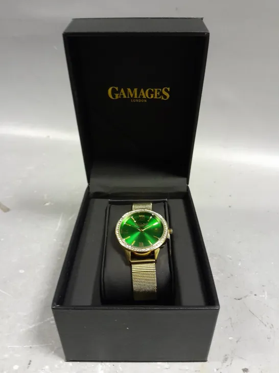 GAMAGES MIDNIGHT CRYSTAL GOLD GREEN DIAL WATCH 