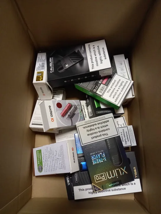 BOX OF APPROXIMATELY 10 ASSORTED E-CIGARATTES TO INCLUDE CALIBURN, OXVA, VAPORESSO ETC