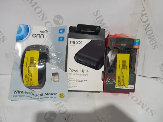 LOT OF APPROXIMATELY 20 ASSORTED HOUSEHOLD ITEMS TO INCLUDE ONN WIRELESS OPTICAL MOUSE, MIXX POWERUP 4 POWERBACK (2 PORT), BLACKWEB SYNC CHARGE CABLE, ETC