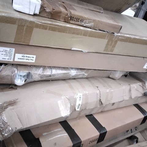 PALLET OF ASSORTED FLATPACK FURNITURE PARTS SUCH AS 3 DOOR 2ARDROBE WITH MIRROR PARTS, UPHOLSTERED BED PARTS, 3 DRAWER WARDROBE PARTS 