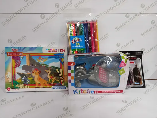 BOX OF APPROX 15 ASSORTED ITEMS TO INCLUDE - DISNEY JUNIOR THE LION GUARD JIGSAW PUZZLE - WHSMITHS COLOURING PENCILS - KITCHEN METAL COOKING KIDS SET ECT