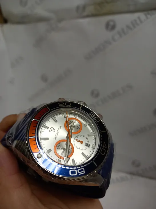 MENS RUCKSTUHL CHRONOGRAPH R400 WATCH NAVY BLUE AND ORANGE 