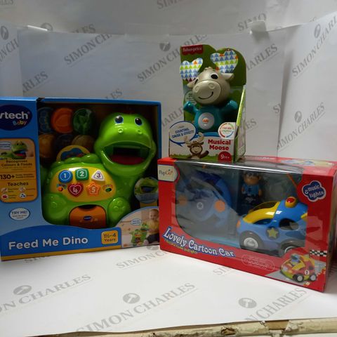 SET OF 3 TOYS TO INCLUDE VETCH FEED ME DINO, PUP GO LOVELY CARTOON CAR AND FISHER PRICE MUSICAL MOOSE