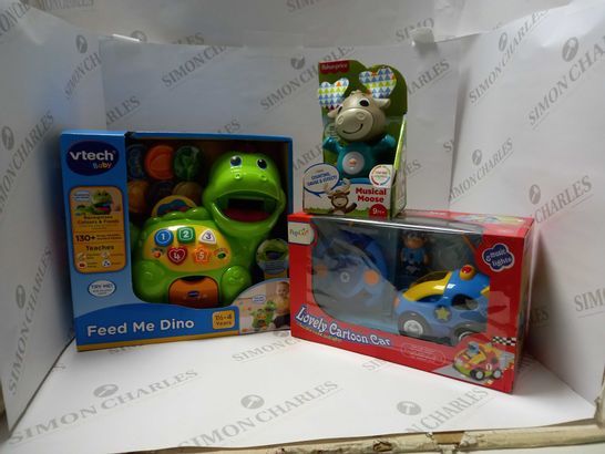SET OF 3 TOYS TO INCLUDE VETCH FEED ME DINO, PUP GO LOVELY CARTOON CAR AND FISHER PRICE MUSICAL MOOSE