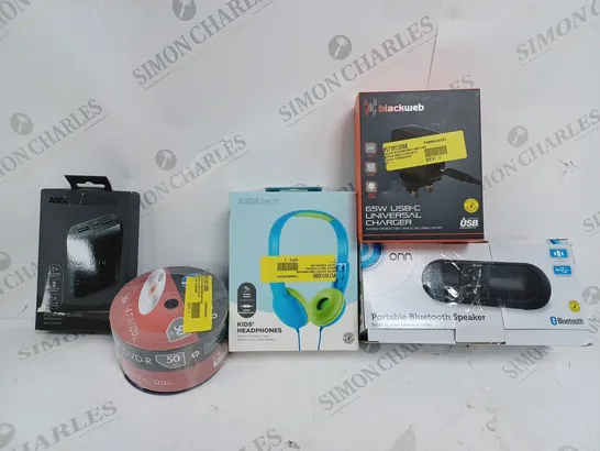 BOX OF APPROX 35 ASSORTED ITEMS TO INCLUDE - KIDS WIRED HEADPHONES - PORTABLE BLUETOOTH SPEAKER - BLACKWEB 65W USB C CHARGER ECT