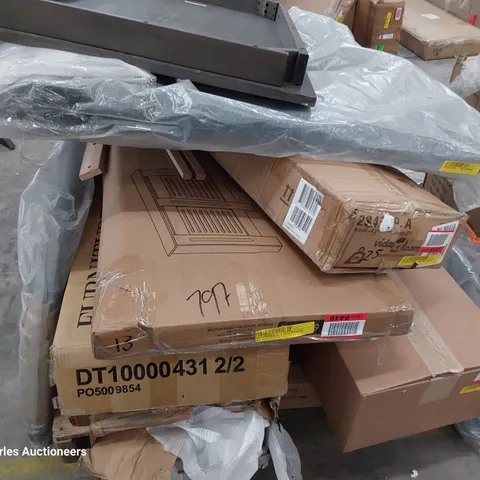 PALLET OF ASSORTED BOXED FURNITURE PARTS, HEADBOARD, TABLE TOP, RADIATOR COVER, DECORATIONS.