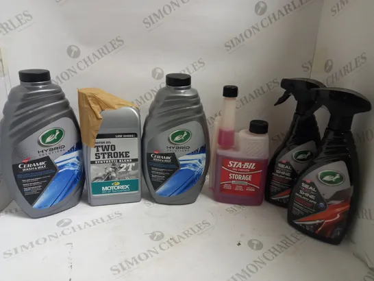 BOX OF APPROX 6 ITEMS TO INCLUDE 2 STROKE SYNTHETIC BLEND OIL, HYBRID CERAMIC WASH&WAX AND SEAL`N`SHINE