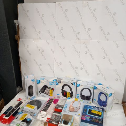 LOT OF ASSORTED ITEMS TO INCLUDE HEADPHONES, SPEAKERS AND CORDED PHONE