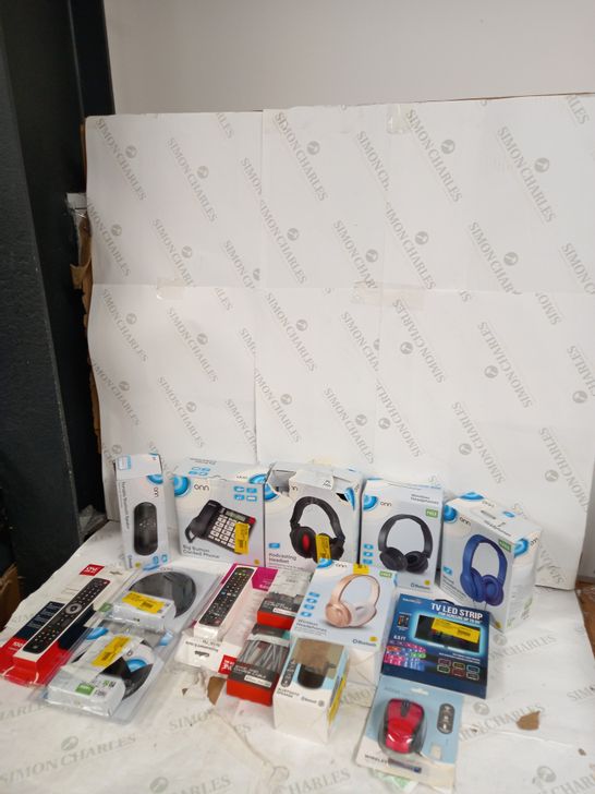 LOT OF ASSORTED ITEMS TO INCLUDE HEADPHONES, SPEAKERS AND CORDED PHONE