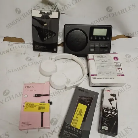 BOX OF ASSORTED ASDA ELECTRICALS INCLUDING - 3 WAY HDMI SELECTOR, RADIO, POWER BANK, HEADPHONES