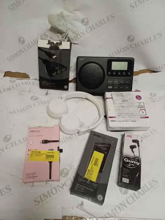 BOX OF ASSORTED ASDA ELECTRICALS INCLUDING - 3 WAY HDMI SELECTOR, RADIO, POWER BANK, HEADPHONES