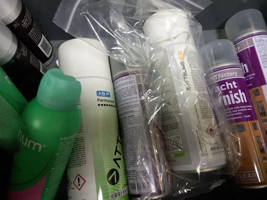 BOX OF APPROX 12 ASSORTED AEROSOLS TO INCLUDE ATTBLIME SCANNING SPRAY, MITCHUM DEODORANT, ROOT PERFECT BLACK HAIR CONCEALER, ETC 