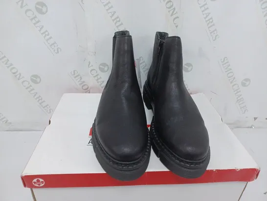 BOXED PAIR OF RIEKER CHUNKY ANKLE BOOTS IN BLACK - SIZE 6