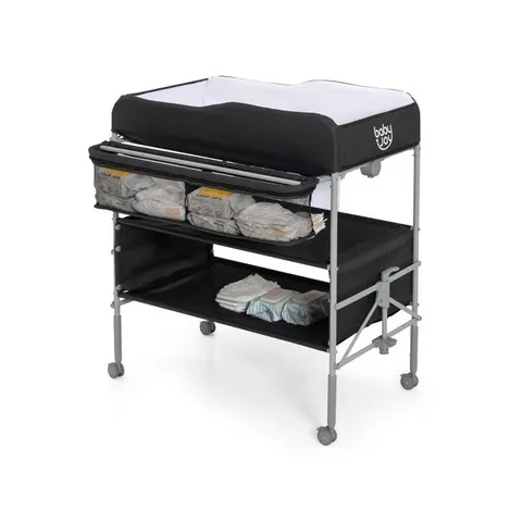BOXED FOLDING NURSERY CHANGING TABLE WITH LOCKABLE WHEELS AND STORAGE BASKET - GREY