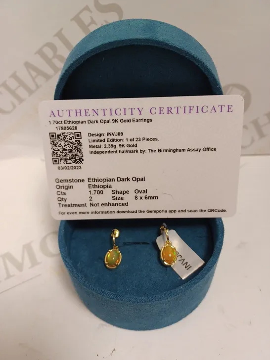 GEMPORIA ETHIOPIAN DARK OPAL 9K GOLD EARRINGS