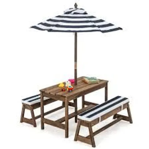 BOXED KIDS PICNIC TABLE WITH CUSHIONS AND UMBRELLA - BROWN/BLUE