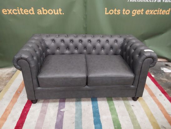DESIGNER GREY LEATHER TWO SEATER CHESTERFIELD SOFA 
