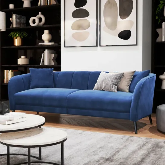 BOXED LOREN BLUE VELVET THREE SEATER SOFA