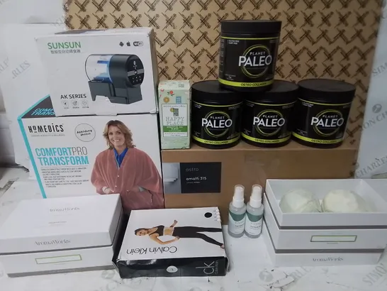 LOT OF APPROXIMATELY 30 ASSORTED ITEMS TO INCLUDE PLANET PALEO SUPPLEMENT, AROMABOMBS, ELECTRICAL THROW AND PARTY SCANNERS