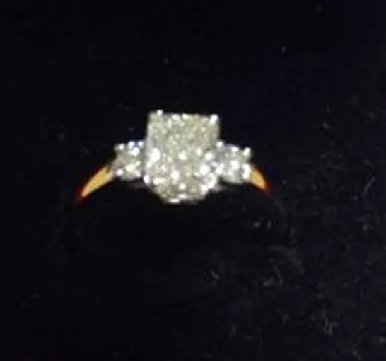 18CT GOLD RING SET WITH A NATURAL RADIANT CUT DIAMOND AND A NATURAL DIAMOND TO EACH SHOULDER, WEIGHING +1.50CT