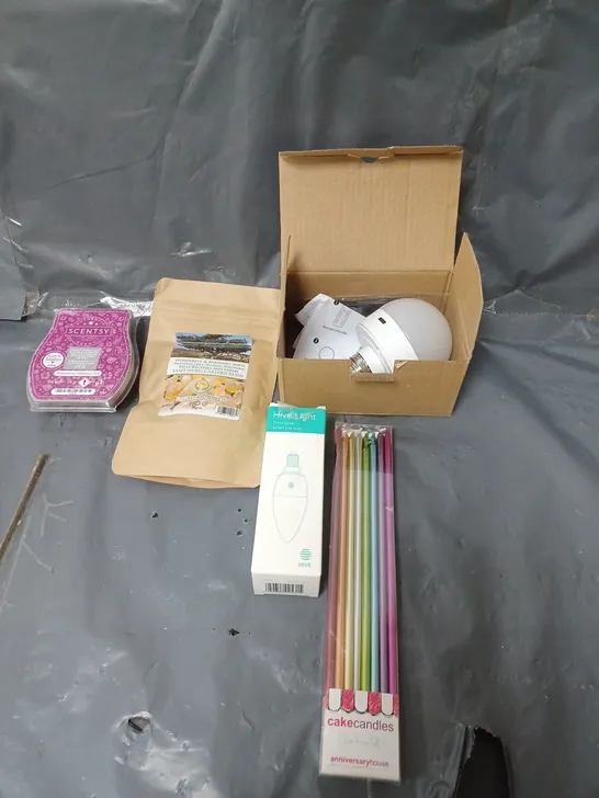 BOX OF APPROXIMATELY 20 ASSORTED HOUSEHOLD ITEMS TO INCLUDE LIGHT BULBS, WAX MELTS AND CANDLES