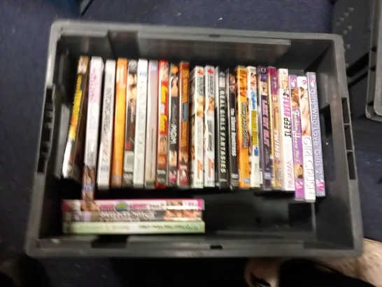 APPROXIMATELY 32 ASSORTED ADULT DVDS TO INCLUDE; NO COCKS ALLOWED 2!, FINGER LICKING GOOD 4, NO DICKS FOR THESE CHICKS AND INTOXICATED BY KINK 2