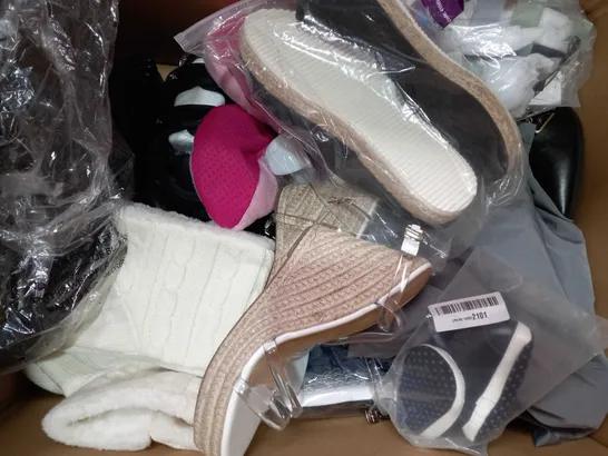 BOX OF APPROXIMATELY 15 ASSORTED PAIRS OF SHOES AND FOOTWEAR ITEMS IN VARIOUS STYLES AND SIZES TO INCLUDE M&S, ASOS DESIGN, PRINCIPLES, ETC