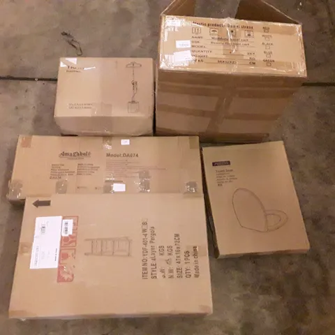 PALLET OF ASSORTED PRODUCTS INCLUDING TOILET SEAT, MULTIFUNCTIONAL CART, GARMENT STEAMER, ANIMAL TRAP, 4 STEP LADDER