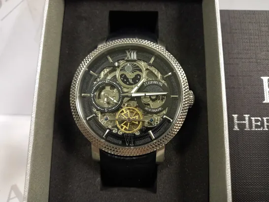 BOXED HERITOR EXPOSED FACE STAINLESS STEEL AUTOMATIC SUN AND MOON WATCH WITH BLACK LEATHER STRAP