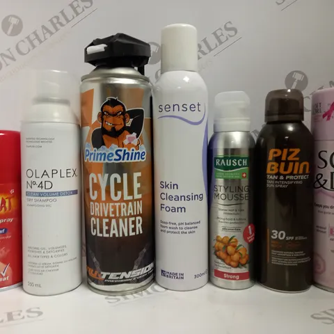 BOX OF APPROX 12 ASSORTED AEROSOLS TO INCLUDE OLAPEX NO.4D DRY SHAMPOO, PRIME SHINE CYCLE CLEANER, PIZ BUIN TAN SPRAY, SENSET SKIN CLEANSING FOAM, ETC 