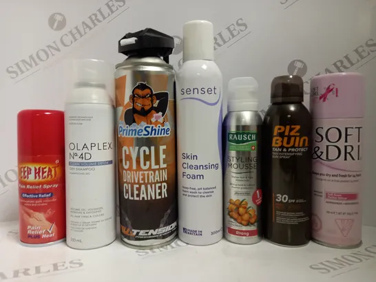 BOX OF APPROX 12 ASSORTED AEROSOLS TO INCLUDE OLAPEX NO.4D DRY SHAMPOO, PRIME SHINE CYCLE CLEANER, PIZ BUIN TAN SPRAY, SENSET SKIN CLEANSING FOAM, ETC 